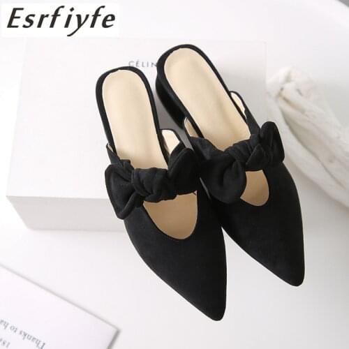 ESRFIYFE 2019 New Large Size 31-47 Women Slippers Flock Bowtie Female Mules Fashion Thick Heels Shoes Pointed Toe Ladies Slipper