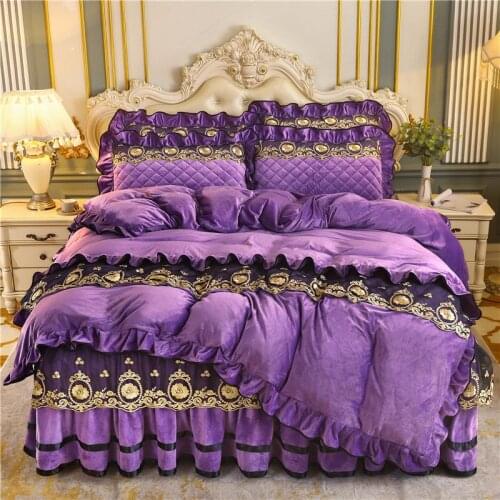 European Embroidered Lace Crystal Velvet Bedding Set Comforter Cover Set Twin Queen King Purple Soft Quilted Bedskirt Wedding