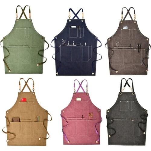 Chef Apron, Cotton Canvas Cross Back Adjustable Apron with Pockets for Women and Men, Kitchen Cooking Baking Bib Apron, Strap