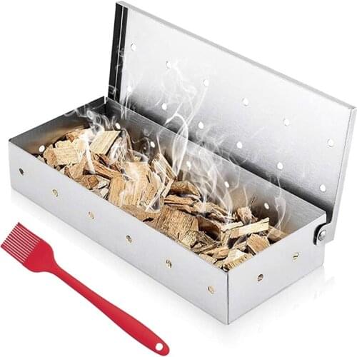 Smoker Box for Wood Chips,Stainless Steel Smoker Box,Meat Smoking Box Barbecue Grilling Accessories with Basting Brush