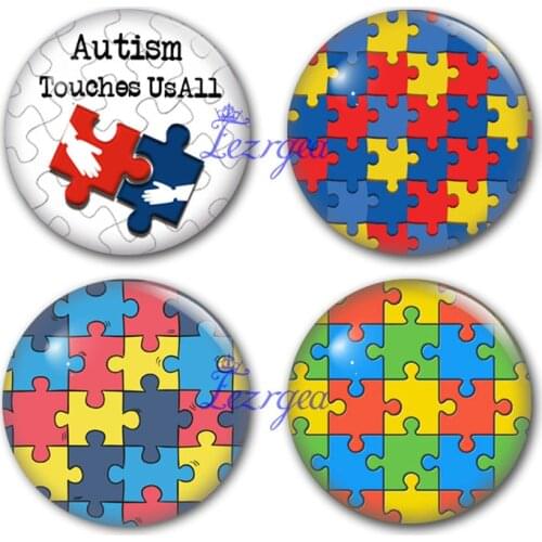 Autism touches us Round Glass Cabochon ,Puzzle Art Pendant Making Photo Cameo Cabochon Setting Supplies for Jewelry Accessories