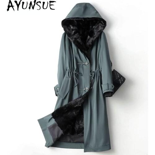AYUNSUE 2021 Real Mink Fur Liner Jacket Female Winter Hooded Long Korean Trench Coat Black Womens Fur Coat Manteau Femme Gxy411