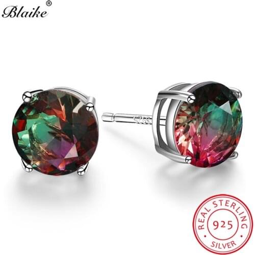 Real s925 Sterling Silver Earrings Round Rose Red Green Zircon Mystic Rainbow Fire Crystal Wedding Stud Earrings For Women Studs