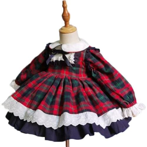 Baby Girls Dress Autumn Winter 2020 Red Plaid Vintage Spanish Ball Princess Lolita Dress for Christmas Birthday Party New Year
