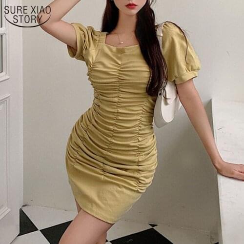 Square Collar Pleated Sexy Dresses Summer 2021 Short Sleeve Mini Dress Yellow Black Party Dress Elastic Clothing Sukienki 14573