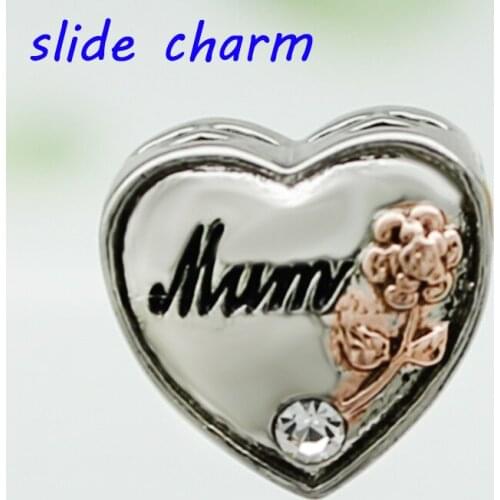 Slide charm DIY beads Pink crystal I love you mum pendant charm beads fit Pandora bracelet necklace