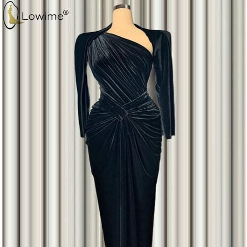 Simple Black Ruched Mermaid Evening Dresses with Long Sleeve Muslim Robe De Soiree Prom Party Gowns