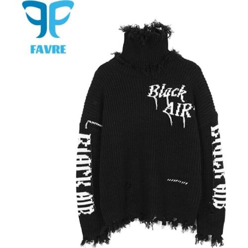 FAVRE Couple Sweaters Pullovers Mens Hip Hop High Street Knitted Turtleneck Sweater Broken Hole Edge Design Retro Women Jumpers