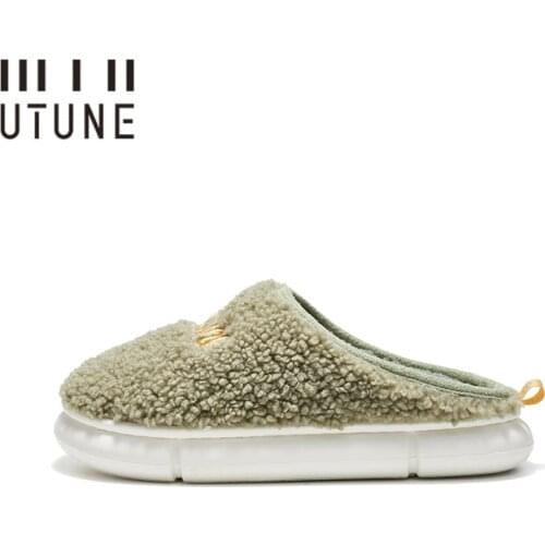UTUNE Embroidery Winter Warm Slippers Women Plush Platform Indoor Shoes Men Furry Slides EVA Light Super Soft Home Flats 2021