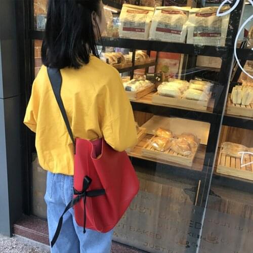 Large-Capacity Womens Bag Japanese Simple Big Bucket Bags Bow PU Leather Casual Girl Shoulder Messenger Bag