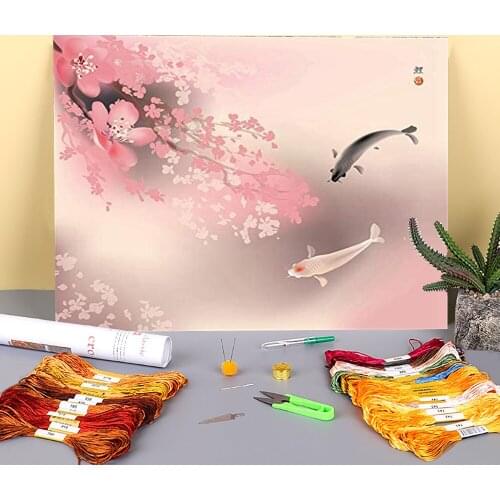 Animal Carp Printed Fabric 11CT Cross Stitch DIY Embroidery Complete Kit DMC Threads Handiwork Handicraft Sewing Stamped