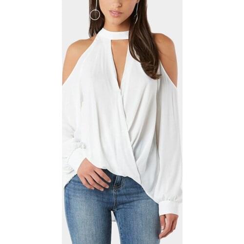 2020 Summer New Style Elegant Drop Shoulder Open Back Blouse Hollow Lantern Long Sleeve Shirt Women Loose Casual Wear