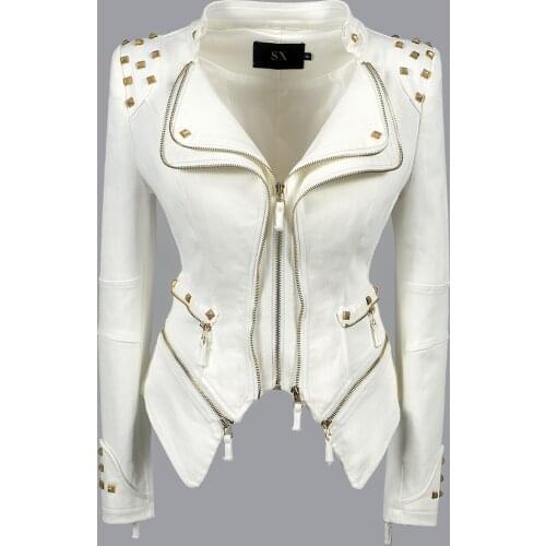 New Women Casual Slim Denim Studded Jackets Spring Autumn Rivet White Cotton Basic Coat Lapel Collar Motor Biker Fashion Outwear