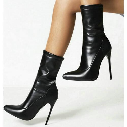 2021 PU Leather Women Ankle Boots Fashion Pointed Toe Thin High Heel Ladies Stretch Boots Dress Slip on Womens Boots Big Size