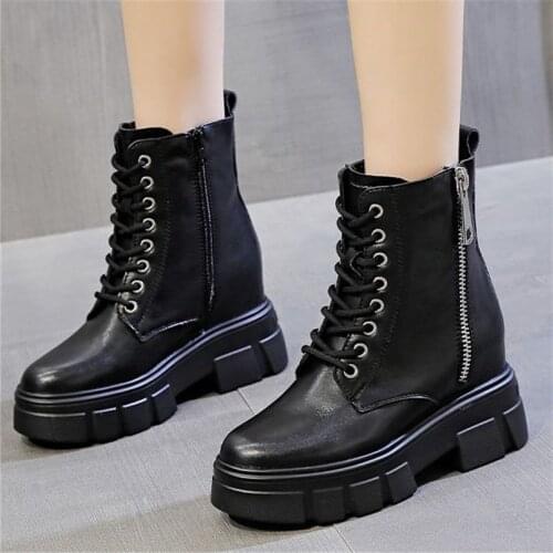 Military Riding Combat Women Cow Leather Platform Wedge Ankle Boots Punk Goth High Heel Oxfords Punk Creeper Shoes 34 -39