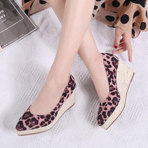2021 Women 7cm Heel Leopard Flock Wedge Single Shoes Womens Platform Espadrilles Spring and Autumn New Sandals High Heels
