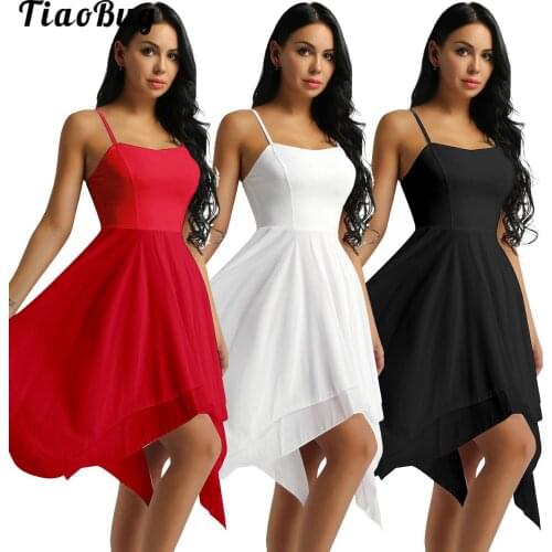 Women Adult Chiffon Ballet Dress Spaghetti Strap Sleeveless Asymmetric Solid Color Contemporary Dance Dress