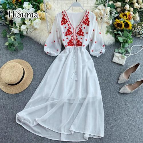 2020 autumn new womens V collar Embroidered flowers lace-up chiffon fairy dress female elegant puff sleeve waist A-line dresses