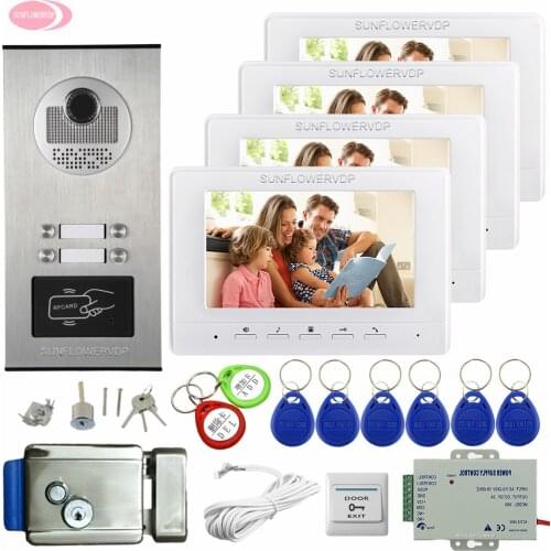 7" Color Intercom Video Doorbell Video Wall For Intercom Home Videophone 4 Apartment 4 Buttons +Electronic Door Lock Video Calls