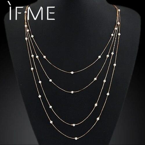 IF ME Hammered Bar Simple Double Chain Charm Simulated Pearl Necklace Beads Long Strip Pendant Necklaces Wedding Women Jewelry