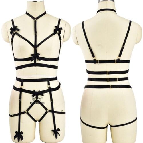 Black Bow Body Harness set Gold Accessories Adjustable Crop Top Goth Garter Pole Dance Bondage Harness Stockings Garters Belt
