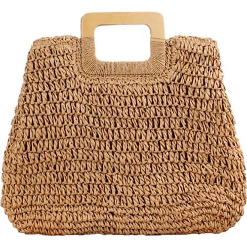 HMUNII New Straw Handbag Wooden Handle Large Capacity Paper Rope Woven Straw Bag Fashion Summer Vacation Travel Beach Bag