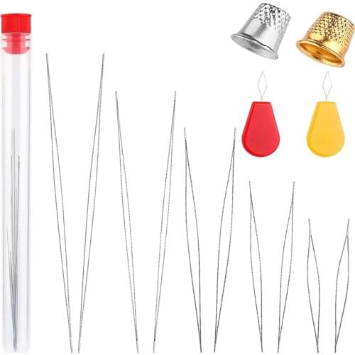LMDZ 15Pcs Beading Needles Set Assorted Size Beading Needles Long Straight Beading Needles with Threaders Thimble Needle Bottle