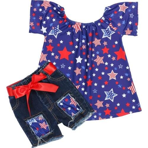 Kaiya angel Boutique Girls Clothing Set Floral Shirt + Denim Shorts Toddler Summer Outfits Kids 4th of July Clothes Wholesale