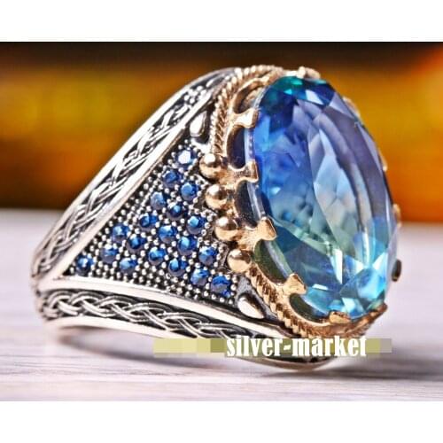 Mens ring sterling silver 925 Turkish handmade jewelry Aquamarine stone all size