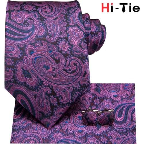 Men Tie Silk Necktie Floral Purple Ties Gift for Wedding Party Business Luxury Neck Tie Hanky Cufflinks Set 8.5cm Hi-Tie C-3192