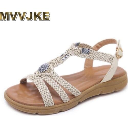 MVVJKE Fashion New beaded hand-woven sandals women flat bottom beef tendon bottom linen non-slip comfortable wedge
