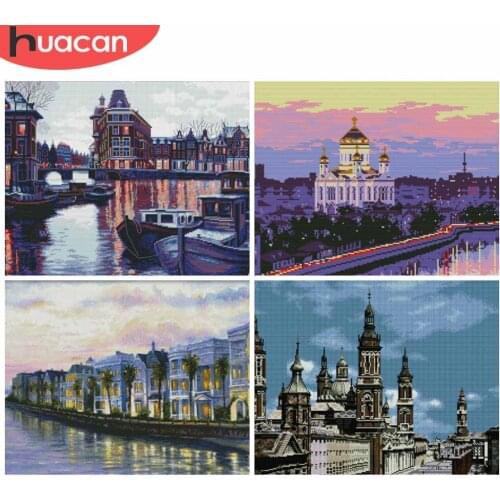 HUACAN Landscape Kits White Canvas Home Decoration Embroidery City Sets Cross Stitch Needlework 11CT 14CT DIY Gift