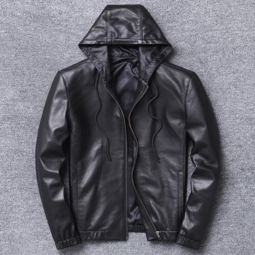 Self-cultivation Sheep Genuine Clothing Mens Even Hat Single Skin Loose Coat Youth Short Fall Leather 100% Natural Calf Skin
