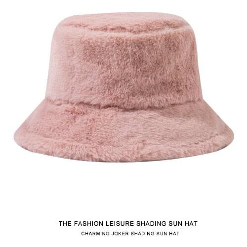 Winter Faux Fur Rabbit Bucket Hat Outdoor Vacation Lady Panama Black Solid Thickened Soft Warm Fishing Cap Women Hairy Leopard