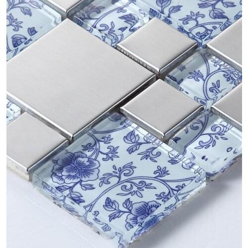 Blue and white porcelain crystal glass mosaic tiles HMGM2001 for kitchen backsplash tile bathroom shower hallway wall mosaic