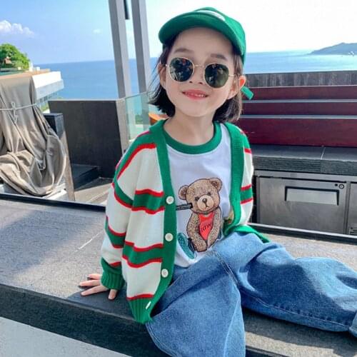 Girls Sweater Babys Coat Outwear 2021 Stripe Thicken Warm Winter Autumn Knitting Cardigan Christmas Gift Childrens Clothing