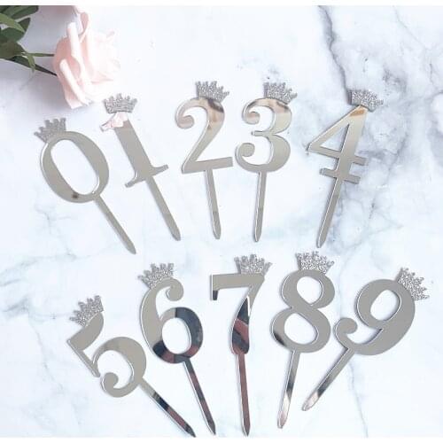 Number Cake Topper Gold Silver Crown Acrylic 0-9 Digital Birthday Party Cake Insert Cake Decoration Wedding Cakes Dessert Decor