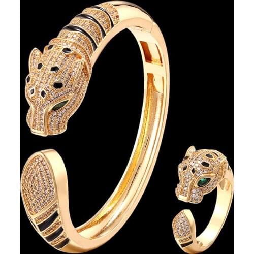 Vankeliif Luxury animal leopard Bangle and ring ladies' jewelry set micro-inlaid zircon and black paint classic fashion jewelry