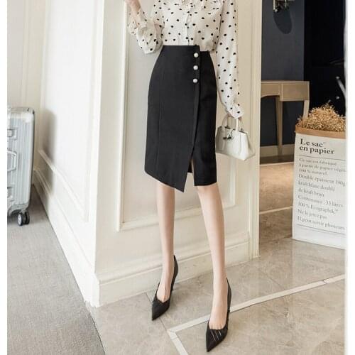 Spring Summer Split High Waist Chiffon Skirt For Women Single-breasted Black Mid Skirts Women
