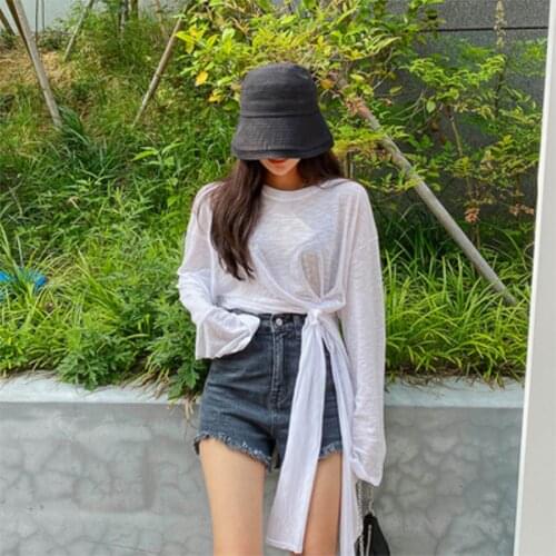 2021 South Korean INS summer French band personality asymmetrical waist slit loose long sleeve sunscreen T shirt women