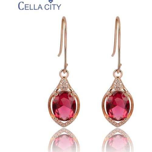 Cellacity Women Drop earrings With Ruby Gemstones 925 sterling silver 18K Gold color Fine jewerly Anniversary Christmas Gifts