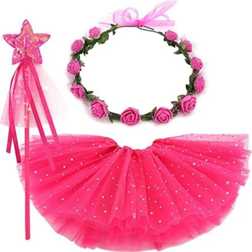 Girls Princess Fairy CostumeTutu Skirt with Flower Crown Wreath Headband Magic Wands Christmas Halloween Birthday Party Favors