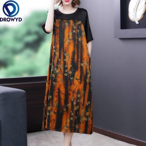Fashion 2021 New Natural Silk Women O-neck Dresses Casual Loose Short Sleeve Summer Elegant Flowers Print Dresses Party Vestidos
