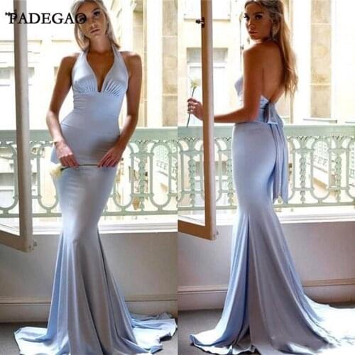 Sexy Sky Blue Evening Dresses Mermaid V-Neck Sleeveless Sweep Train Halter Backless Evening Dress Plus Size
