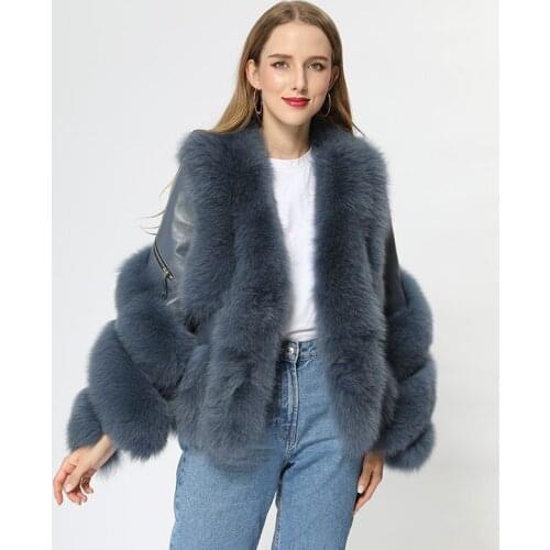 Winter Women Short Casual Full Sleeves V-Neck Real Fox Fur Coat With Leather MJF-FC-27