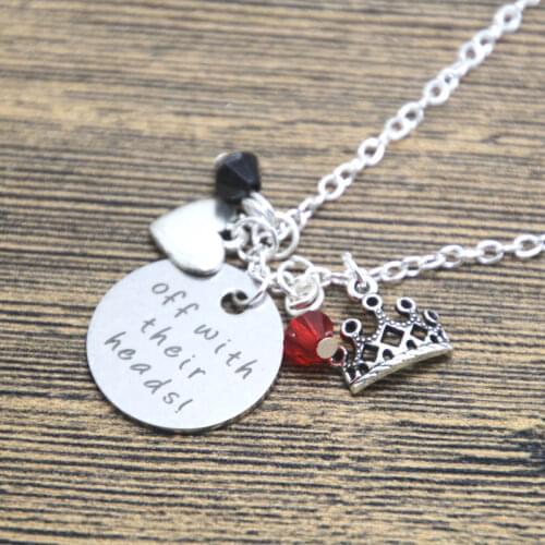 12pcs/lot Alice in Wonderland Inspired Necklace Villain Red Queen of Hearts Off With Their Heads Silver tone crystal