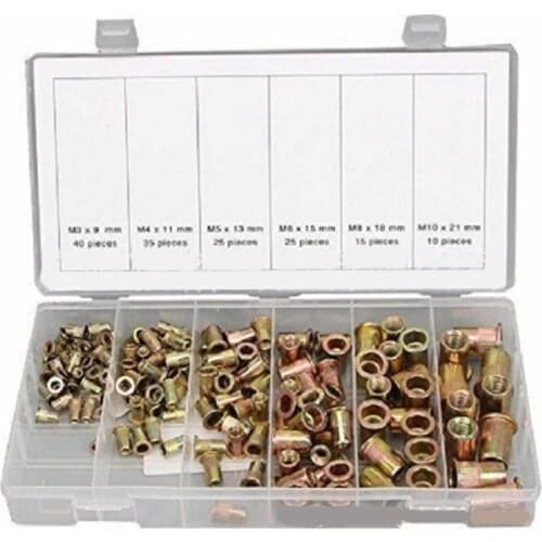 150pcs threaded insert Color-Plated Zinc Rivet Nut Mixed M3/M4/M5/M6/M8/M10 Insert Nutserts Assortment Kit helical