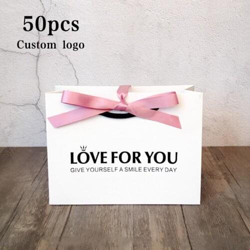 50pcs Customized logo gift bag Gold Present Box For Wedding Box Bags/Clothes Books Packaging Gold Handle Kraft Paper Gift Bag