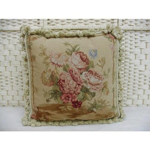 FREE SHIPPING 15K 18"x18" Needlepoint pillow, handknotted cushion with floral designs no insertion
