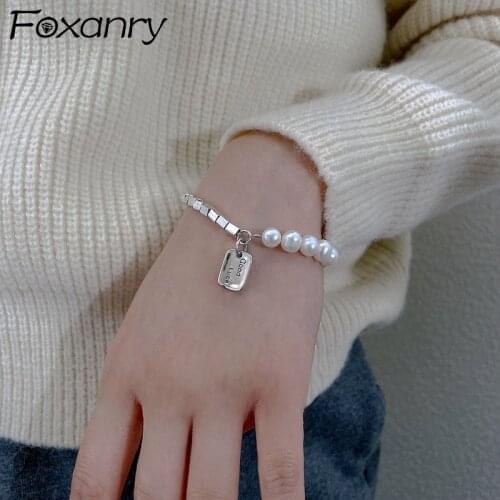 Foxanry 925 Sterling Silver Pearls Bracelets for Women New Trendy Vintage Simple Elegant Good Luck Party Jewelry Birthday Gifts